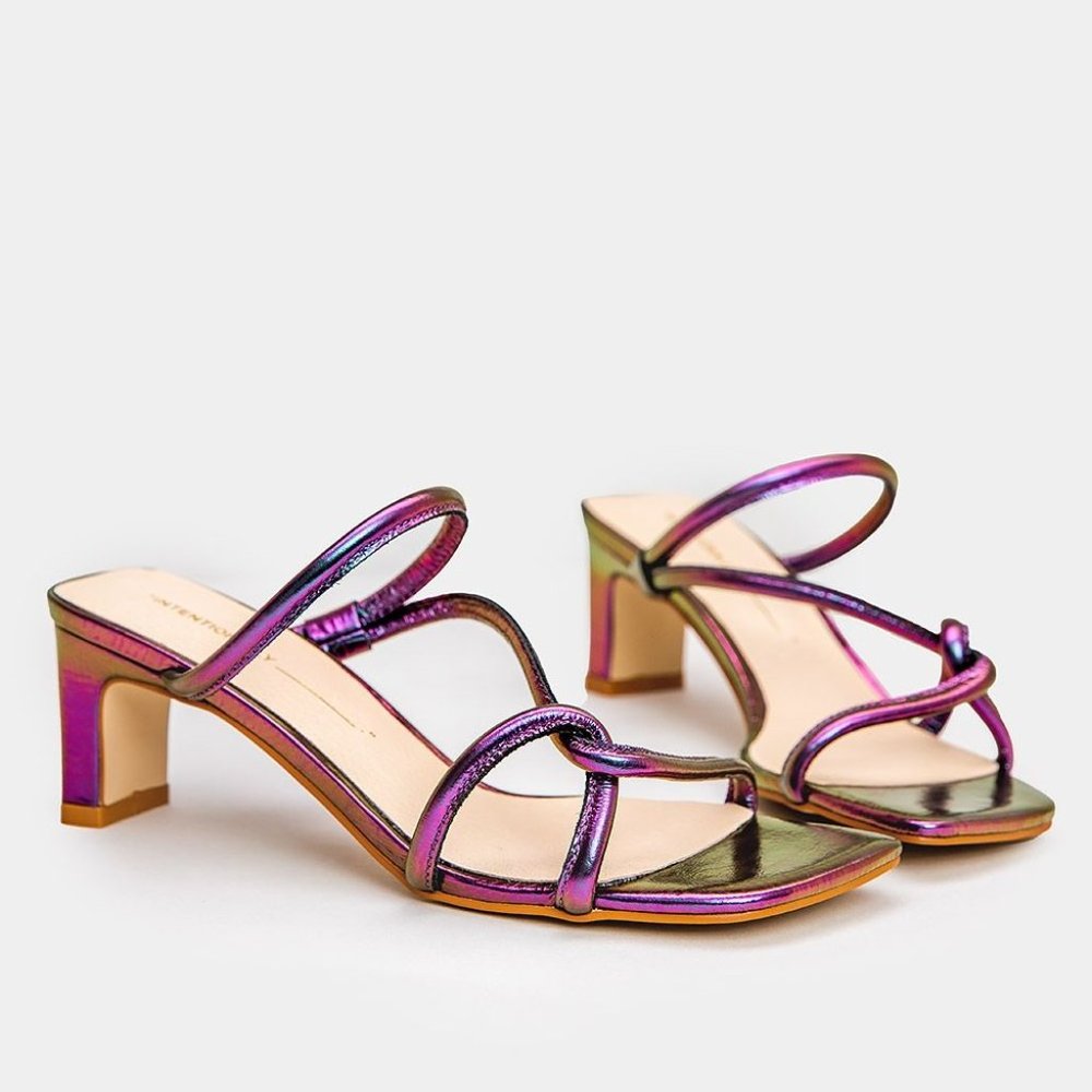 Intentionally Blank Purple Holographic Open Toe Willow Sandal Heels